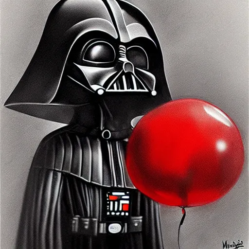 Image similar to surrealism grunge cartoon portrait sketch of darth vader with a wide smile and a red balloon by - michael karcz, loony toons style, freddy krueger style, horror theme, detailed, elegant, intricate