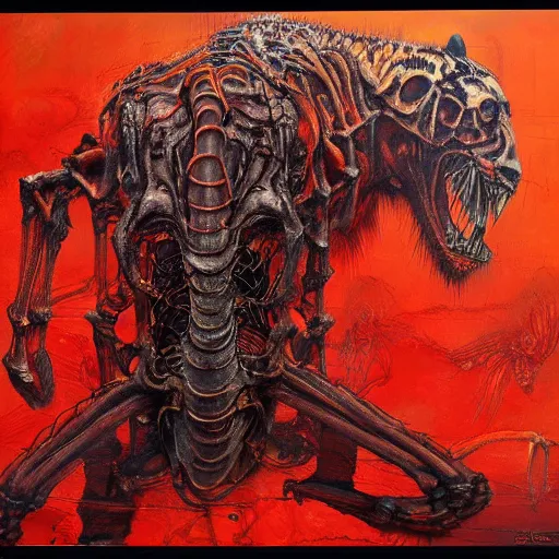 Prompt: a red and orange skeletal tiger, detailed, 4k, Chet Zar and Beksinski and Giger painting