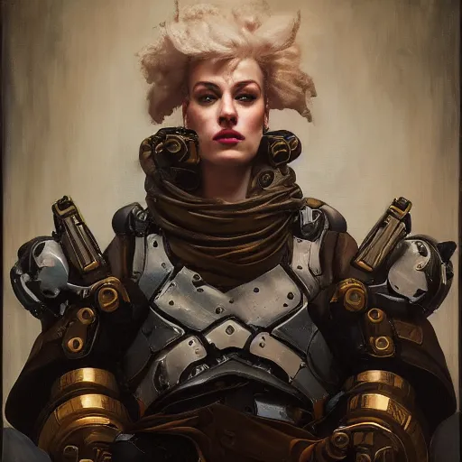 Image similar to portrait of heavy armoured zarya from overwatch in disco elysium, by alexander mcqueen, by roberto ferri, by tom bagshaw, by j. c. leyendecker and klimt, by austin osman spare, highly detailed oil painting, very intricate, cinematic lighting, award - winning, american romanticism, artstation, cgsociety, official art, octane