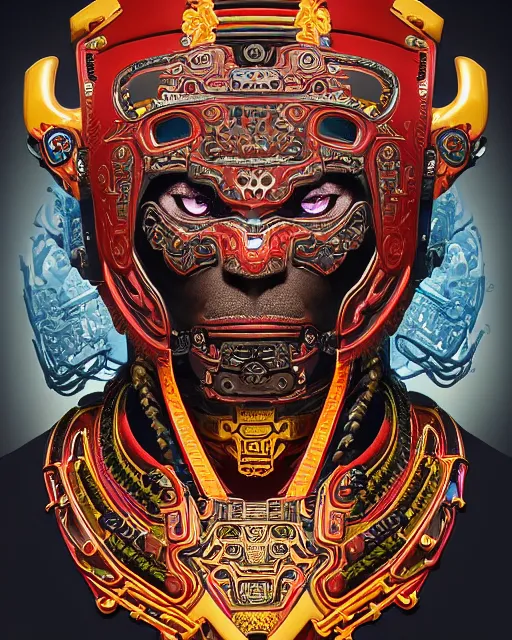 Image similar to portrait of a mayan masculine male cyberpunk jaguar warrior, machine face, upper half portrait, decorated with chinese opera motifs, muscular, latin, fine china, wuxia, traditional mayan art, intricate intense elegant, highly detailed symmetry headpiece digital painting artstation concept art smooth sharp focus illustration, art by moebius and frank miller diego rivera 8 k