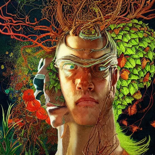 Prompt: Psychedelic Physique Portrait of a Shaman Guy wearing an ivy costume plant disguised as a human standing atop a red clay pot greg rutkowski jen bartel peter mohrbacher anna podedworna arthur rackham salvador dali octavio ocampo jacek yerka winslow homer norman rockwell uta natsume prismacolor tombow quill