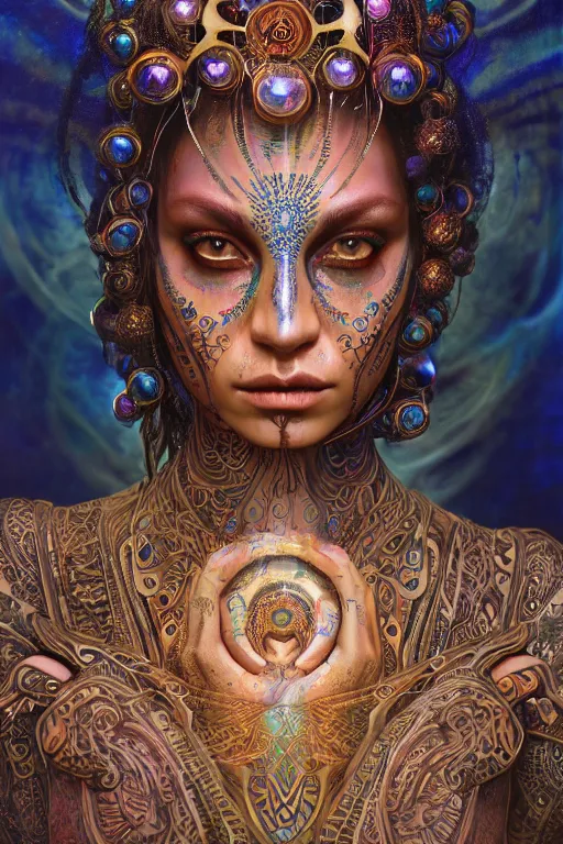 Image similar to a centered render of an mytical festival hippy with tribal tattoos wearing intricate metallic clothing surrounded by a underwater ink pour and flowing liquid gallium and sacred geometry, perfect body and face, gorgeous, cinematic, beautifully lit, by peter kemp, by karol bak, by donato giancola, 3 d, trending on artstation, octane render, 8 k