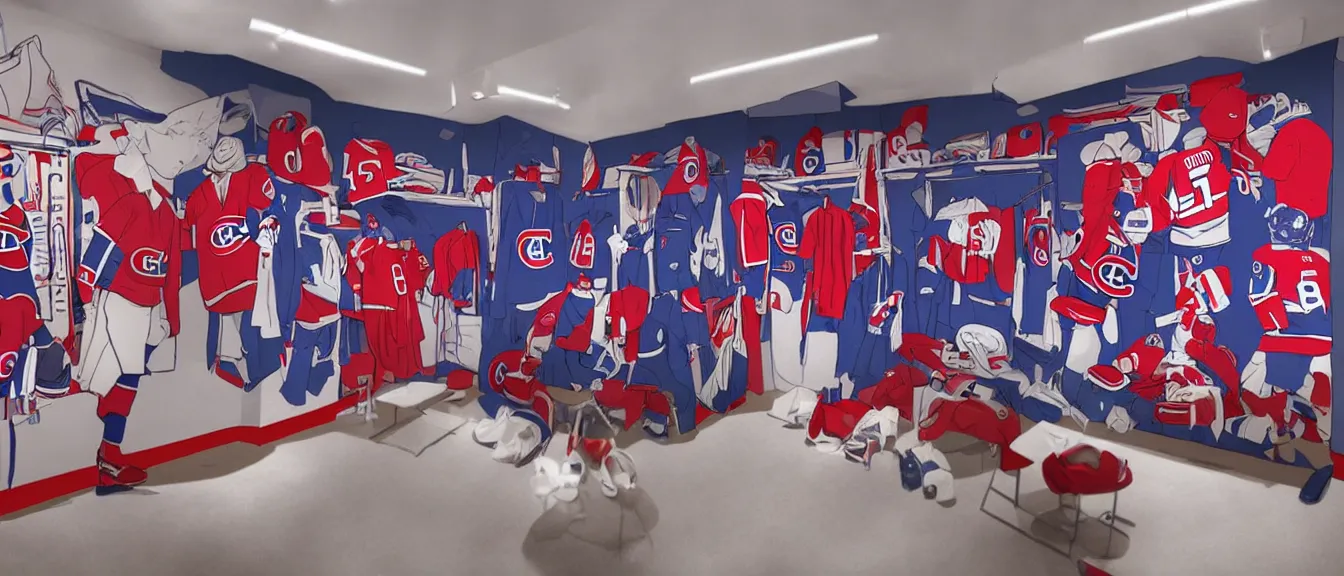 Image similar to montreal canadiens habs centre bell hockey dressing room, style of studio ghibli + moebius + basquiat, cute, detailed,