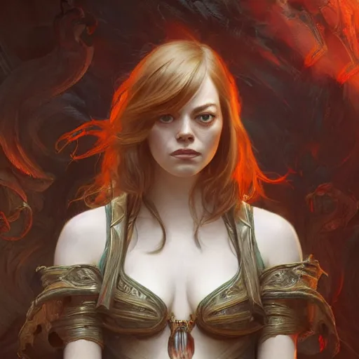 Image similar to Emma Stone as a character in Diablo 3, gorgeous, beautiful, intricate, highly detailed, digital painting, artstation, oppressive lighting, concept art, sharp focus, illustration, art by greg rutkowski and alphonse mucha