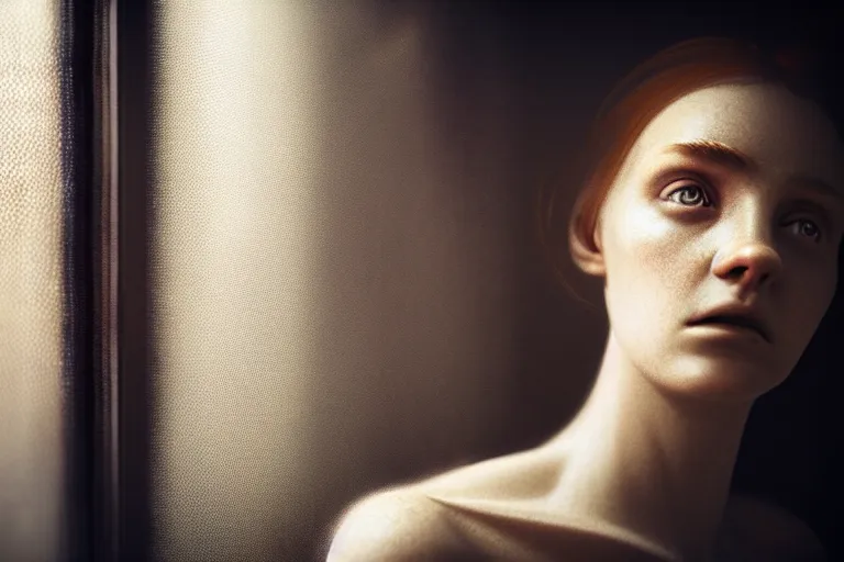 Image similar to an ultra realistic, cinematic, close up portrait, of a young woman, looking in the window, fire, dramatic, soft light, dreamy, facial features, stood in a cell, with prison clothing, detailed, deep focus, movie still, dramatic lighting, ray tracing, by michal karcz and yoshitaka