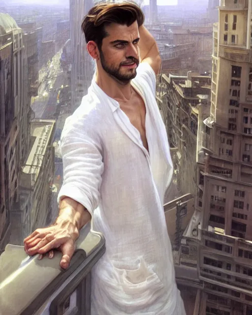 Image similar to wide angle of attractive man wearing a white linen clothes levitating over the street below, arms spread wide, the world ablaze, highly detailed, digital painting, artstation, concept art, smooth, sharp focus, illustration, art by artgerm, greg rutkowski, alphonse mucha, j. c. leyendecker