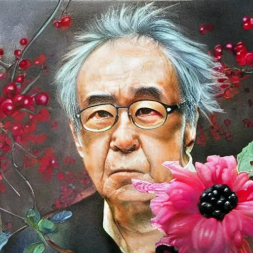 Image similar to yoshitaka amano's famous and beautiful painting of jean baudrillard in the oceanspray cranberry commercial