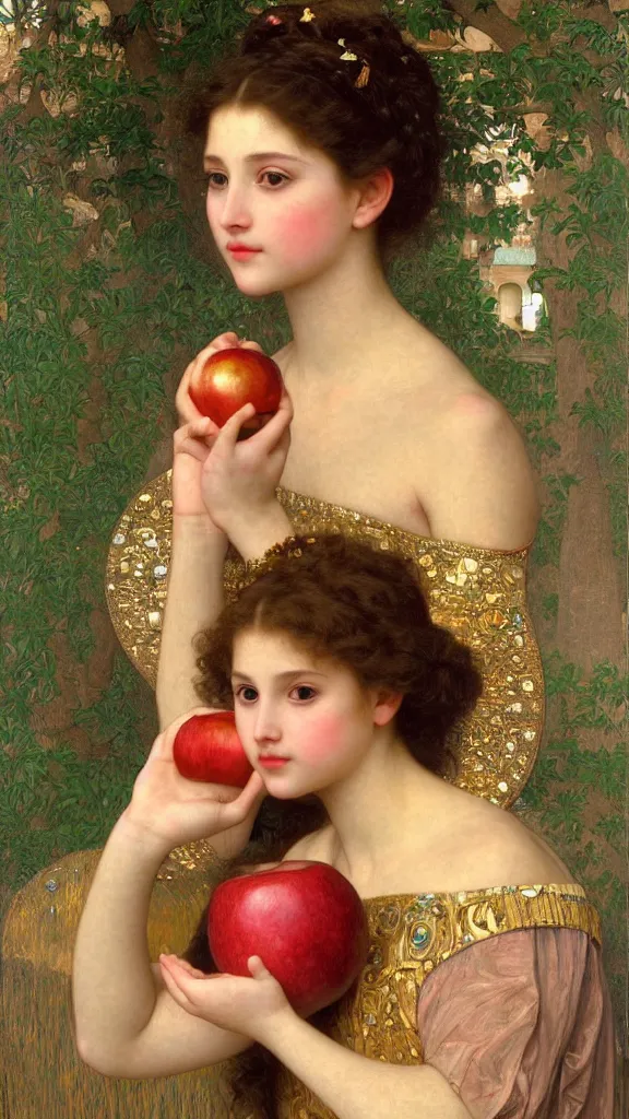 Image similar to painting portrait of a beautiful girl with an apple in her hand, intricate, elegant, digital painting, smooth, sharp focus, shiny gold, realistic gold, realistic metal, by William-Adolphe Bouguereau and Gustav Klimt,