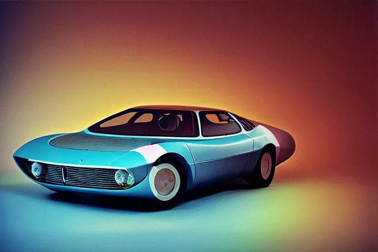 Image similar to designed by Giorgetto Giugiaro stylized poser of a single 1973 Alfa Romeo Montreal, thick neon lights, ektachrome photograph, volumetric lighting, f8 aperture, cinematic Eastman 5384 film