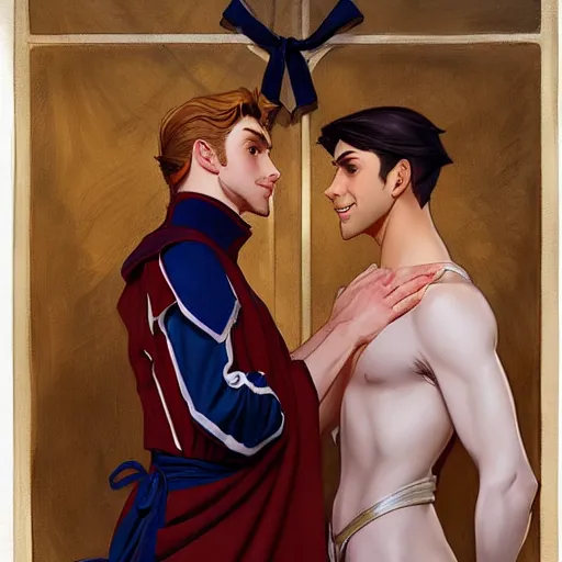 Image similar to attractive fully clothed king confesses his love for his attractive fully clothed male prince. highly detailed painting by glen keane and j. c. leyendecker 8 k