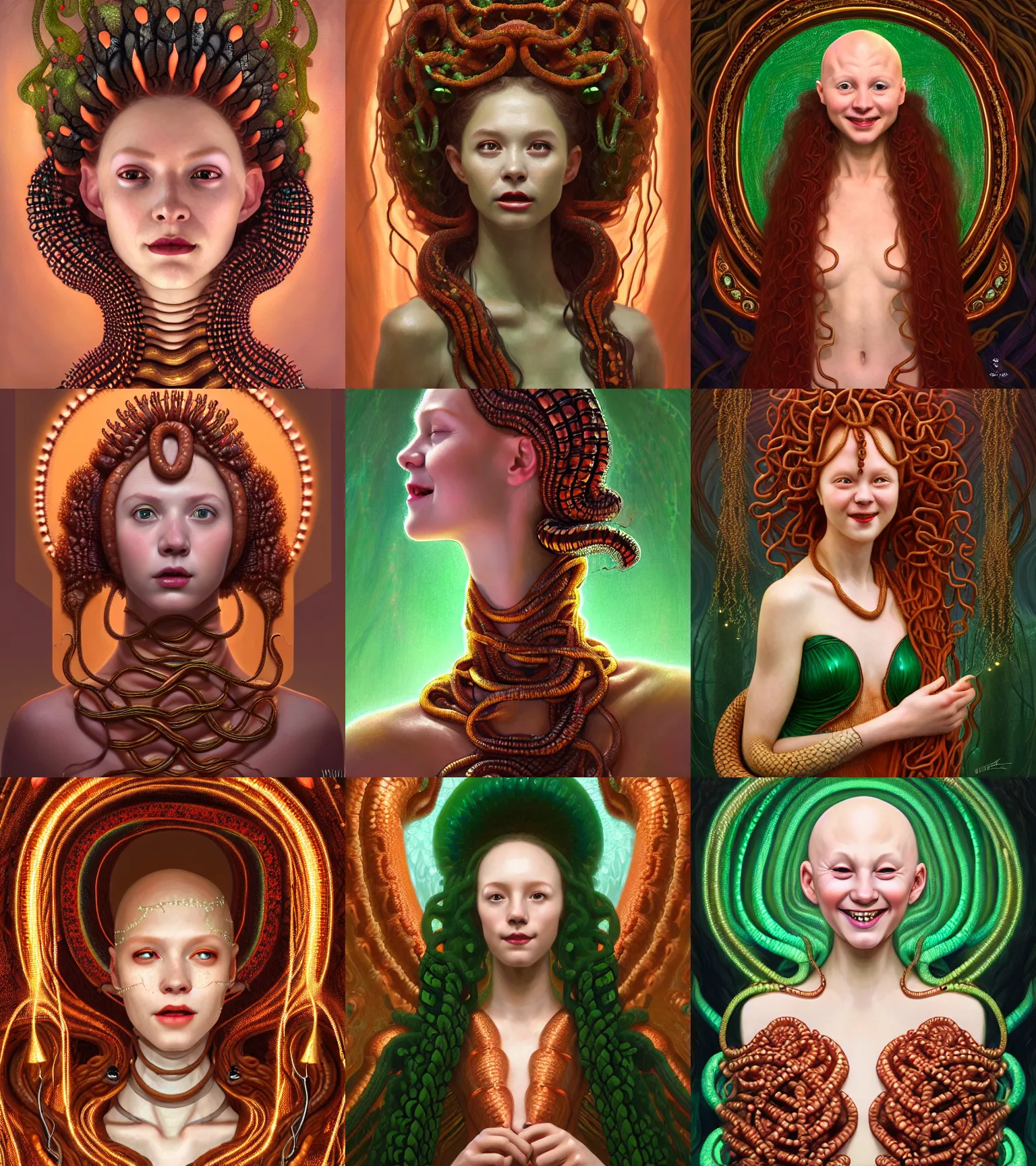 Prompt: portrait of alopecia smiling wryly teen medusa, coral snakes grow from her head, wearing snake skin gown, cave background, intricate, elegant, copper and emerald jewelry, glowing lights, highly detailed, digital painting, artstation, concept art, smooth, sharp focus, illustration, art by wlop, mucha, artgerm, and greg rutkowski
