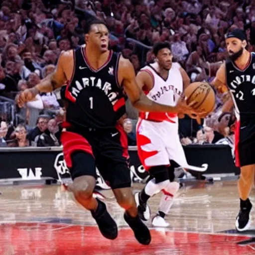 Prompt: Velociraptors playing for the Toronto Raptors