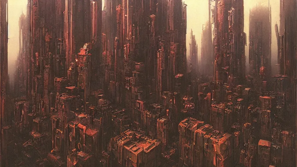 Prompt: Beautiful Painting of a cyberpunk city by Zdzisław Beksiński