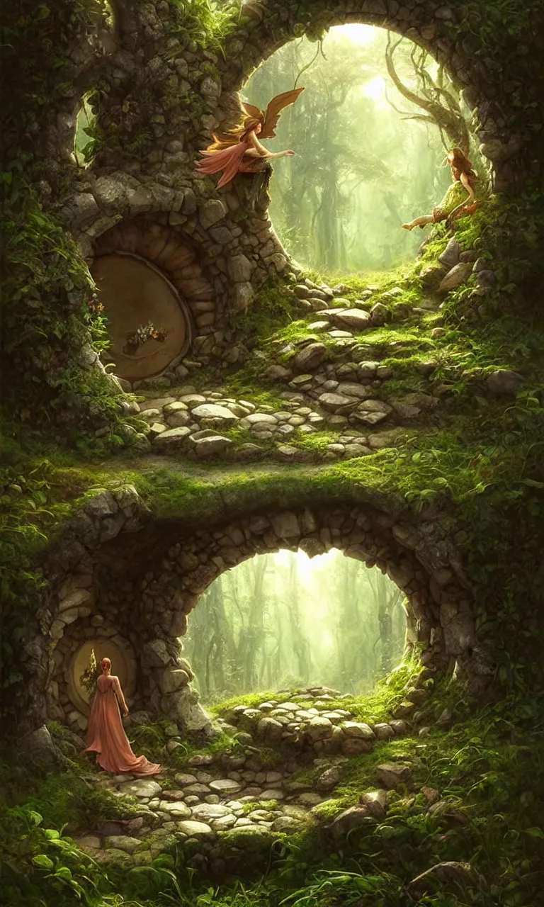 Image similar to Fantasy Magical fairy-tale stone portal in the forest. Round stone portal teleport in trees to other worlds. Fantastic landscape. Magic Altar in the fores, highly detailed, digital painting, artstation, concept art, smooth, sharp focus, illustration, art by artgerm and greg rutkowski and alphonse mucha