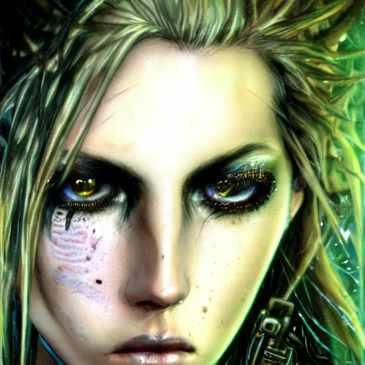 Prompt: an award finning closeup facial portrait by luis royo and john howe of a very beautiful and attractive female bohemian cyberpunk traveller aged 2 5 with green eyes and freckles in clothed in excessively fashionable cyberpunk gear and wearing ornate warpaint