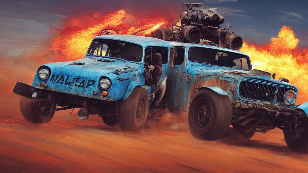 Image similar to illustration of mad max's fj 4 0 pursuit special, the last v 8 interceptor driving down to the gates of valhalla highway, fury road, eternal shiny and chrome, world of fire and blood, by makoto shinkai, ilya kuvshinov, lois van baarle, rossdraws, basquiat, studio ghibli, global illumination ray tracing hdr