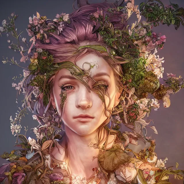 Image similar to the portrait of chaotic good female druid botanist as absurdly beautiful, gorgeous, elegant, young gravure idol, an ultrafine hyperdetailed illustration by kim jung gi, irakli nadar, intricate linework, bright colors, octopath traveler, final fantasy, unreal engine 5 highly rendered, global illumination, radiant light, detailed and intricate environment