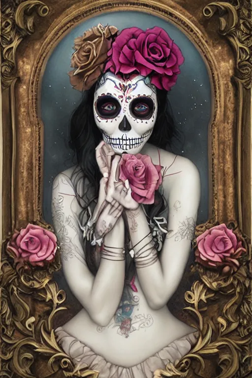 Image similar to illustration of a sugar skull day of the dead girl, art by tom bagshaw