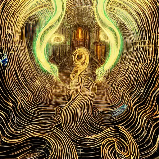 Prompt: white worm energy creature snaking through labyrinth cityscape. emissive and volumetric lighting. brass colors. rutkowski wlop 3 8 4 0 2 1 6 0