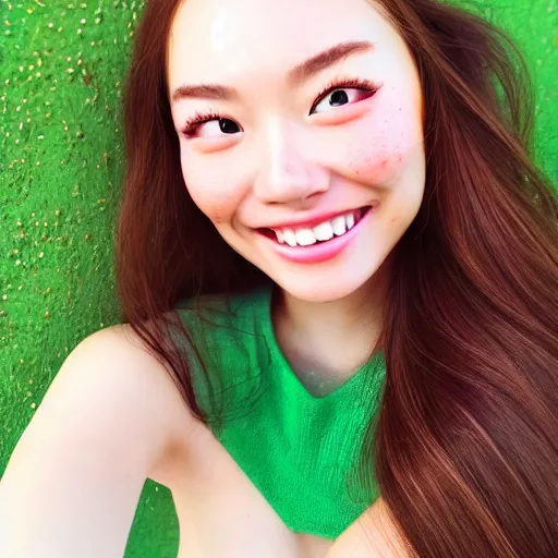 Prompt: beautiful hyperrealism selfie of a cute 3 d young woman smiling softly, long light bronze brown hair, cute freckles, flushed face, red blush, small heart - shaped face, soft features, emerald green eyes, chinese heritage, golden hour, 8 k, sharp focus, instagram
