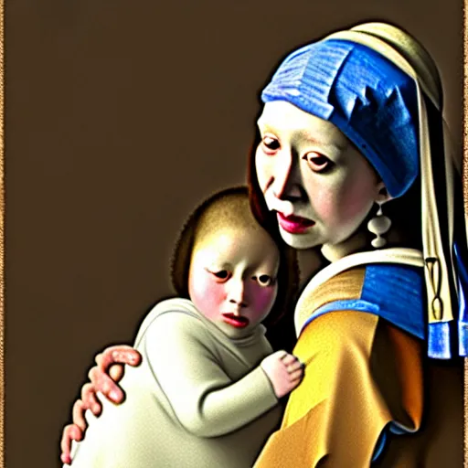 Image similar to pure love is patient love is kind, mother and child ; photorealistic oil painting by johannes vermeer ; highly detailed cute faces by wlop ; trending on artstation ; 8 k high resolution, symmetrical, cinematic, high coherence, golden ratio, rule of thirds, perfectly centered ; anatomically correct faces