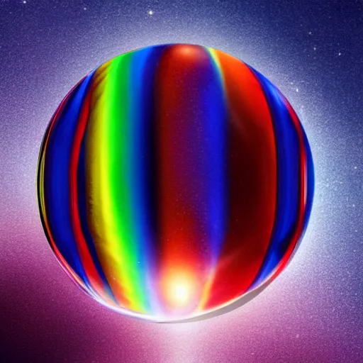 Prompt: hyper realistic reflective Chrystal ball floating in rainbow space