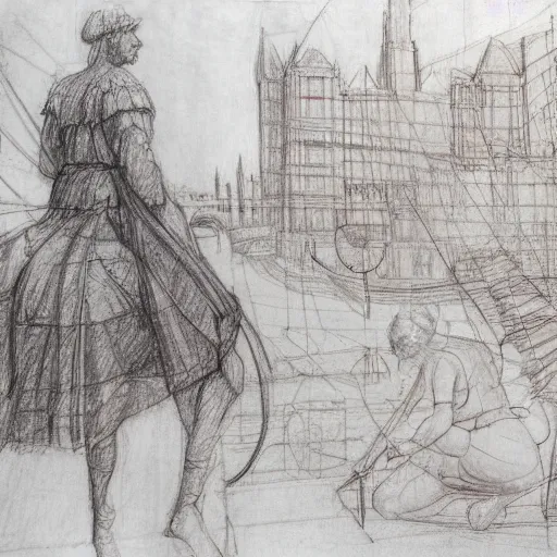 Image similar to of leonardo davinci drawing london in 2 0 2 2 lots of loose sketches