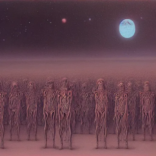 Image similar to gathering of aliens from all over the galaxy by Zdzisław Beksiński, oil on canvas