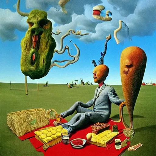 Image similar to a happy man having a picnic on a nice day, surrealist art in the style of salvador dali and zdzisław beksinski, highly detailed, trending on wikiart