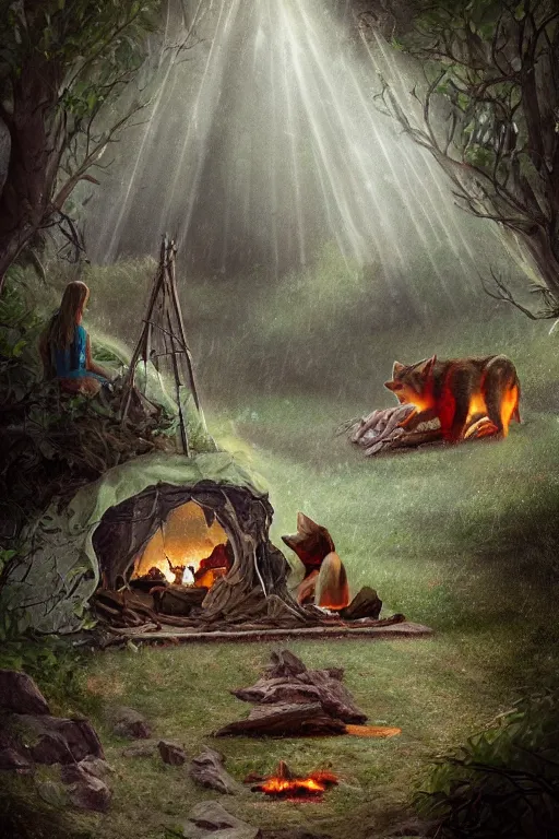 Prompt: a realistic detail of a camp, portrait, a pretty girl dress clock sit in the cave, red wolf sleep next to the born fire,, abandoned, shining star, traveller, raining, mist by Julian calle, Leonardo Calamati, wlop, Dylan cole, Erak note, Denis Villeneuve, Ben Nicholas, Anton Fadeev, thomas kinkade, rutkowski, Finnian MacManus, Syd Mead, Trending on artstation, blue and black scheme, 8k, Unreal Engine