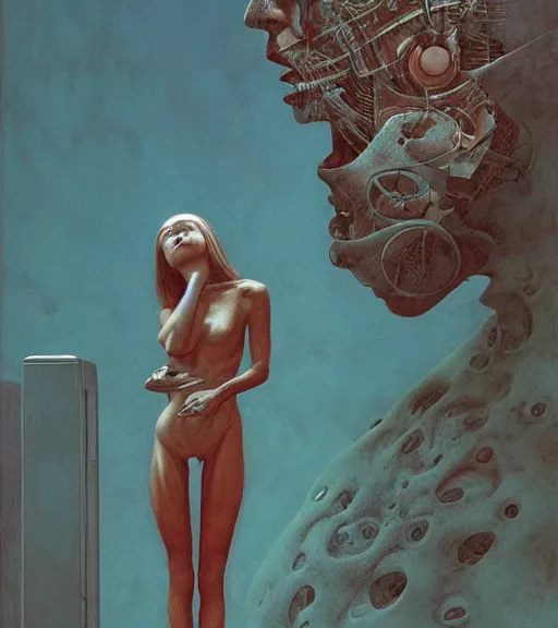 Image similar to portrait of girl melting with machine by wayne barlowe and zdislaw beksinski