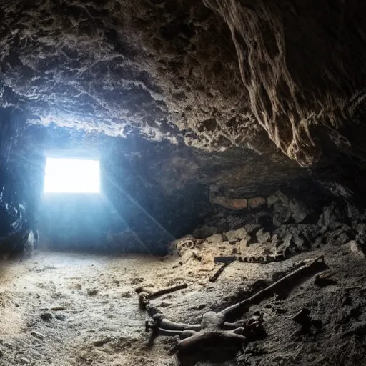 Image similar to a cave filled with pirate treasure, sunlight coming in from a crack in the cave ceiling, skeleton remains laying on the floor