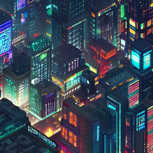 Prompt: stunning isometric view of neo tokyo at night, 4k, dramatic lighting, cyberpunk, akira neo tokyo, unreal engine