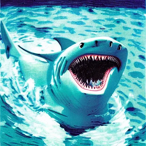 Image similar to joe biden sharkman swimming underwater, shark - human face, impressionism