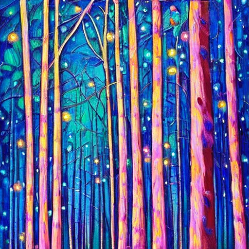 Prompt: forest at night with floating lights by Erin Hanson