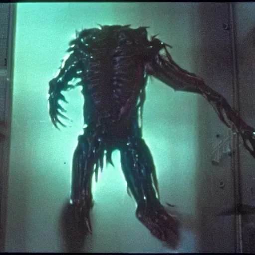 Image similar to 1 9 8 0 s sci - fi movie, still frame, skinned monster demon in hi - tech corridor, photorealistic