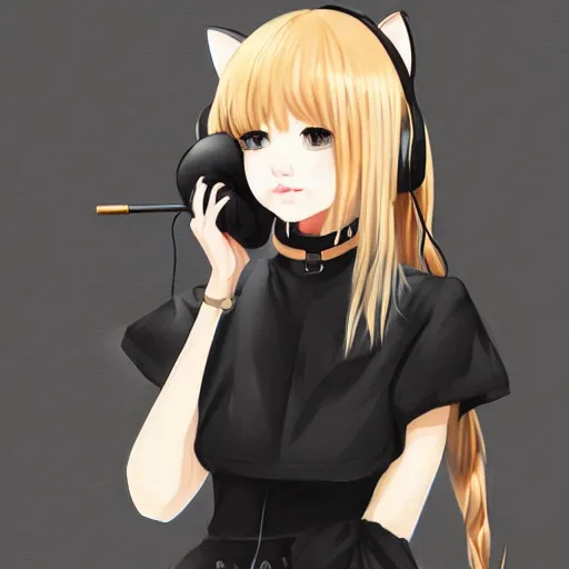 Image similar to realistic beautiful gorgeous natural cute Blackpink Lalisa Manoban blonde hair cute fur blonde cat ears wearing headphones wearing black leather choker in maid dress outfit golden eyes artwork drawn full HD 4K highest quality in artstyle by professional artists WLOP, Taejune Kim, Guweiz, ArtGerm on Artstation Pixiv