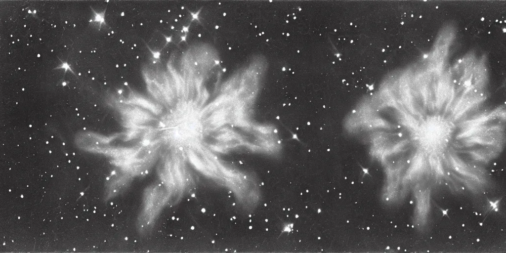 Prompt: close up photography of edelweiss flower turning into stars and universe nebula, 1. 2 f, 3 5 mm, dark, eerie, 1 9 2 0 s ghost photography