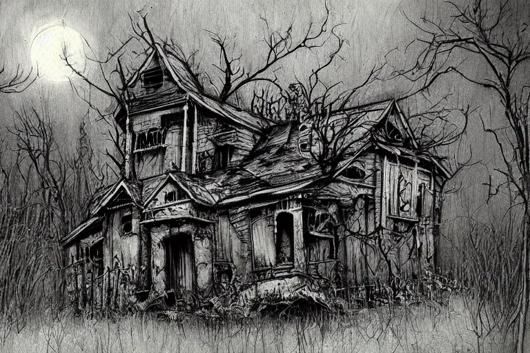 Prompt: mad horror painting of a futuristic alien witch house in the woods by ben templesmith