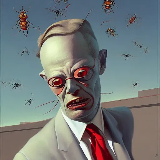 Prompt: Portrait of a man wearing a business suit with an insect head, very coherent, painted by Edward Hopper, Wayne Barlowe, painted by James Gilleard, airbrush, art by JamesJean