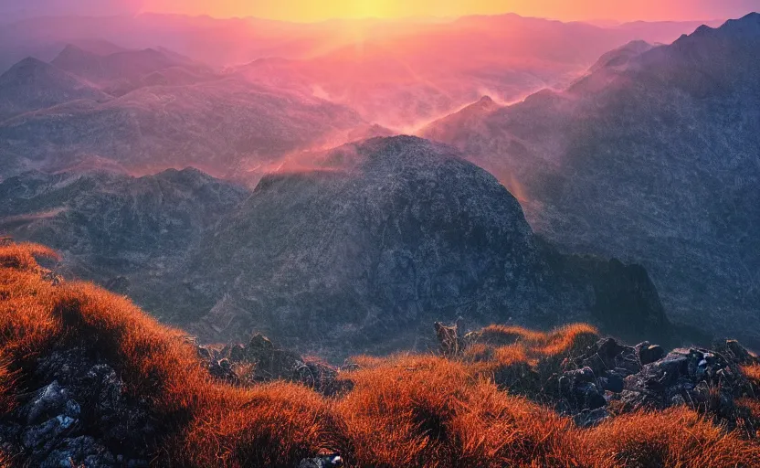 Image similar to a high mountain peak overlooks a misty mountainous landscape at sunset, 4k digital art, trending on artstation, golden hour, beautiful lighting