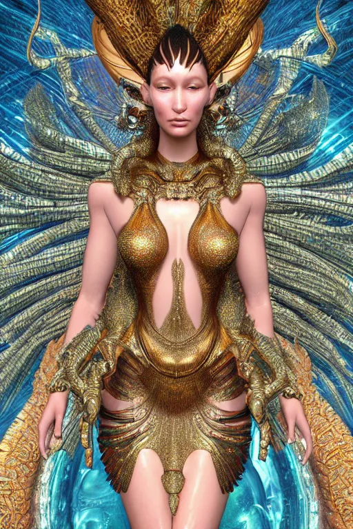 Image similar to a highly detailed metahuman 4 k close up render of an alien goddess bella hadid as kali in iris van herpen dress schiaparelli in diamonds swarovski and jewelry in style of alphonse mucha gustav klimt trending on artstation made in unreal engine 4