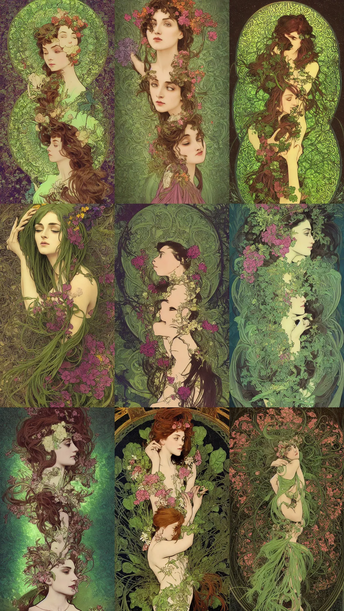 Prompt: woman, magical, flower, bright castleton green, detailed intricate ink illustration, dark atmosphere, detailed illustration, hd, 4k, digital art, overdetailed art, concept art, complementing colors, trending on artstation, Cgstudio, the most beautiful image ever created, dramatic, subtle details, illustration painting by alphonse mucha and frank frazetta daarken, vibrant colors, 8K