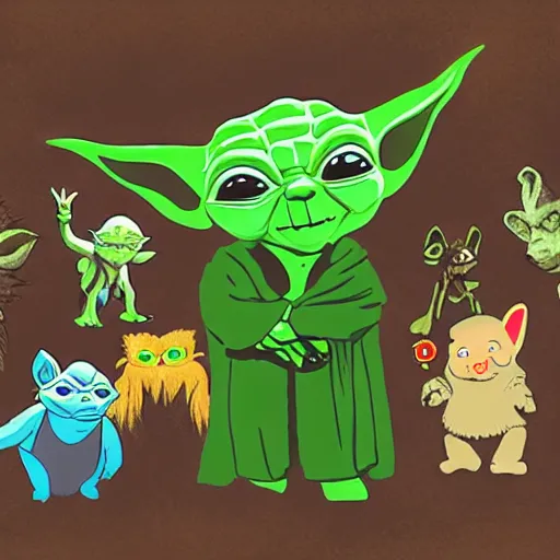 Image similar to Yoda surrounded by other members of his species