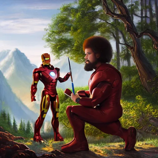 Image similar to a closeup photorealistic photograph of bob ross holding a paintbrush and diligently finishing a canvas painting of iron man. mountains and trees. film still. brightly lit scene. this 4 k hd image is trending on artstation, featured on behance, well - rendered, extra crisp, features intricate detail, epic composition and the style of unreal engine.