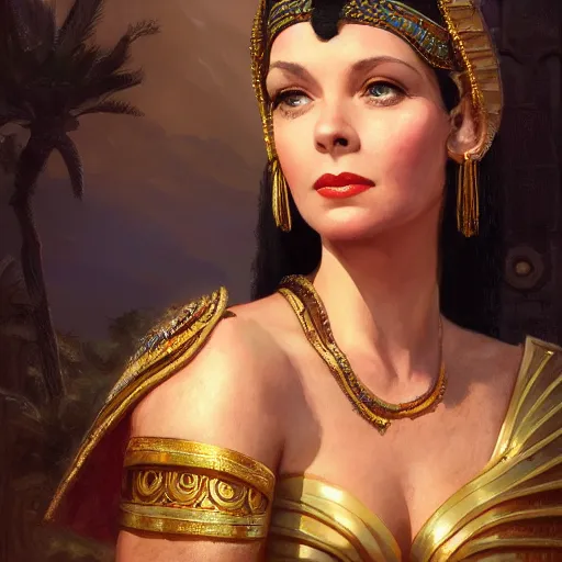 Image similar to closeup portrait of a young vivian leigh as cleopatra, palace background, dramatic light, gorgeous view, depth, high detail, digital art, painted by greg rutkowski, trending on artstation