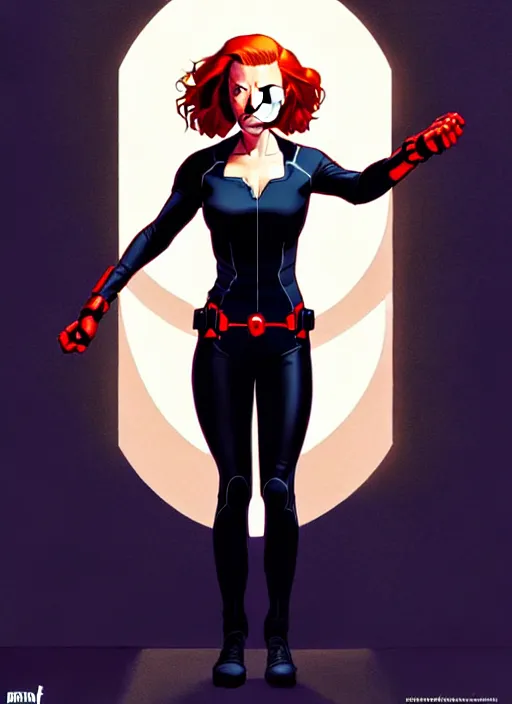 Image similar to rafeal albuquerque comic art, joshua middleton comic art, artgerm, cinematics lighting, night time, pretty scarlett johansson black widow, big smirk, symmetrical face, symmetrical eyes, long red hair, full symmetrical body, flying in the air, jumping off rooftop