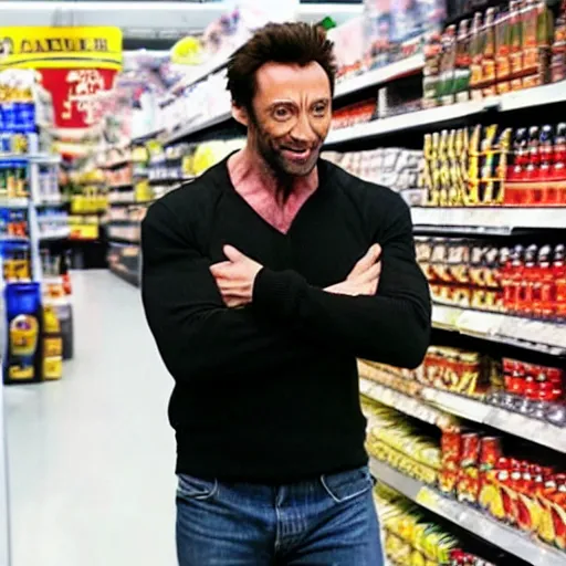 Prompt: photo of Hugh jackman wolverine grocery shopping