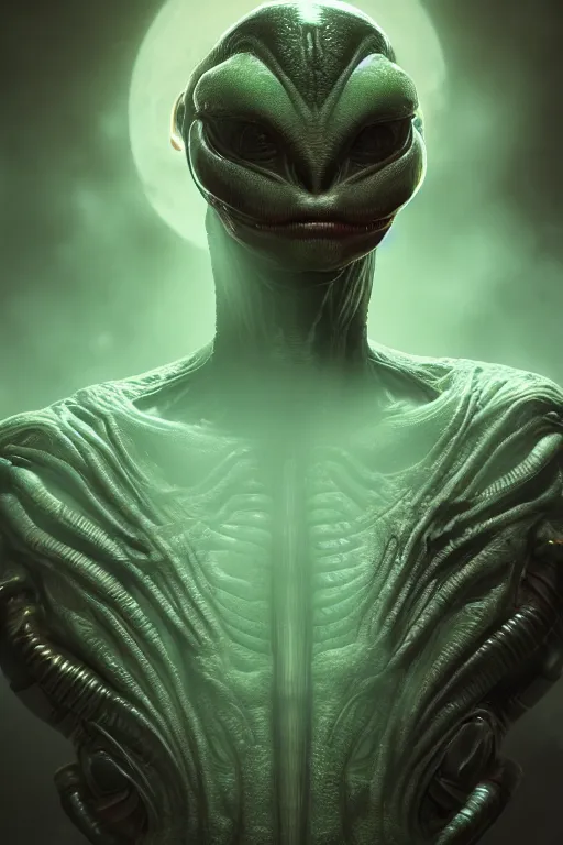 Image similar to alien character, cinematic lighting, intricate details, octane rendering, dramatic smoke dark background, ring light, alex ross style art, trending on artstation featured on behance, unreal engine