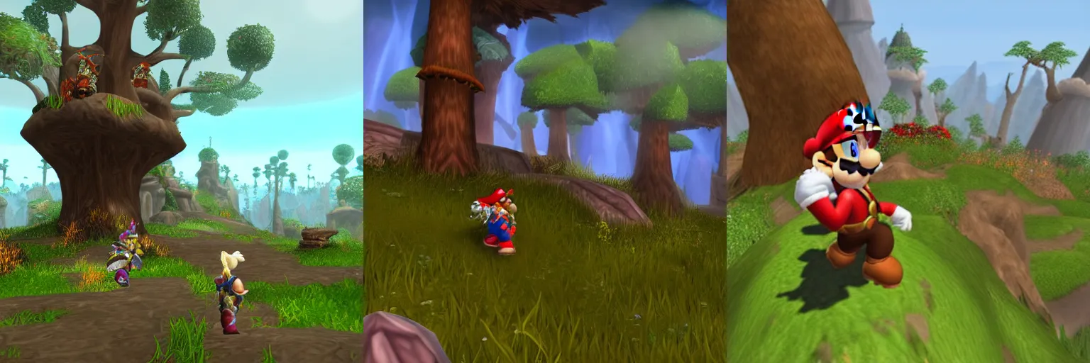 Prompt: Mario walking on the World of Warcraft Elwynn Forest